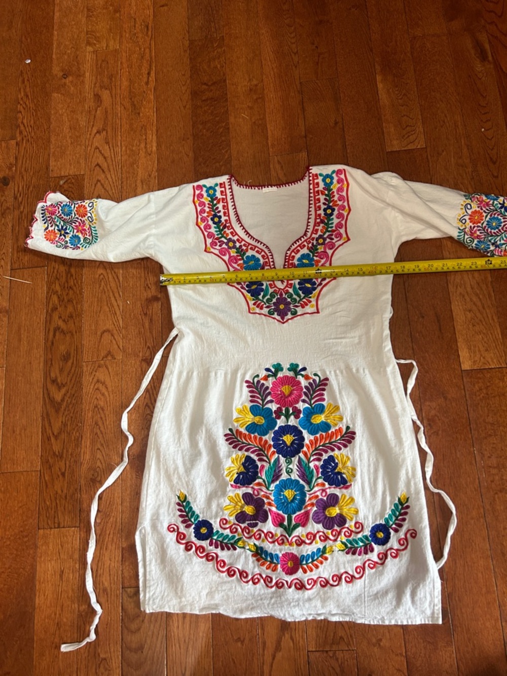 White Embroidered Floral Midi Dress with Multicolor Motif